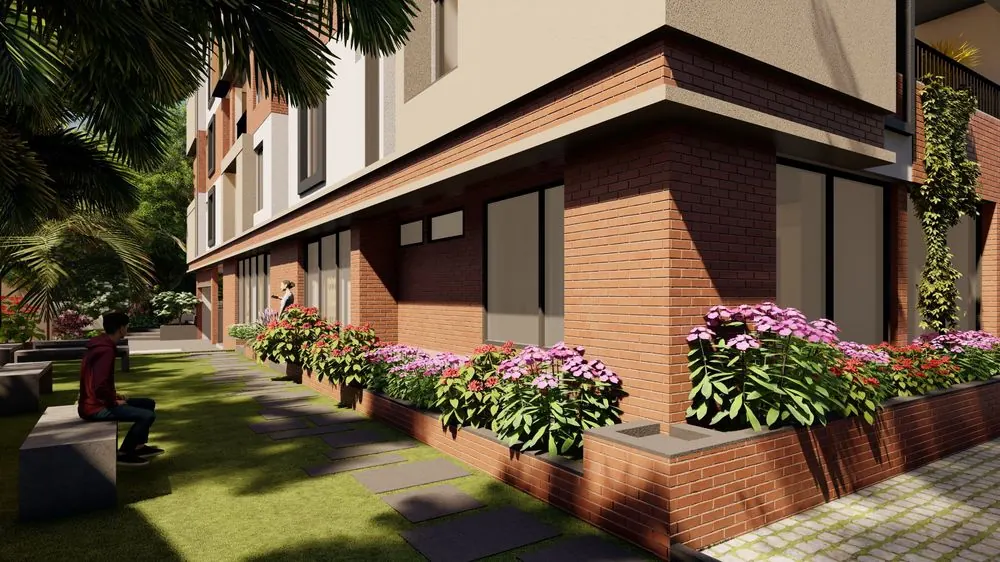 Lawn, stepping-stone path and seating in the landscaped setback