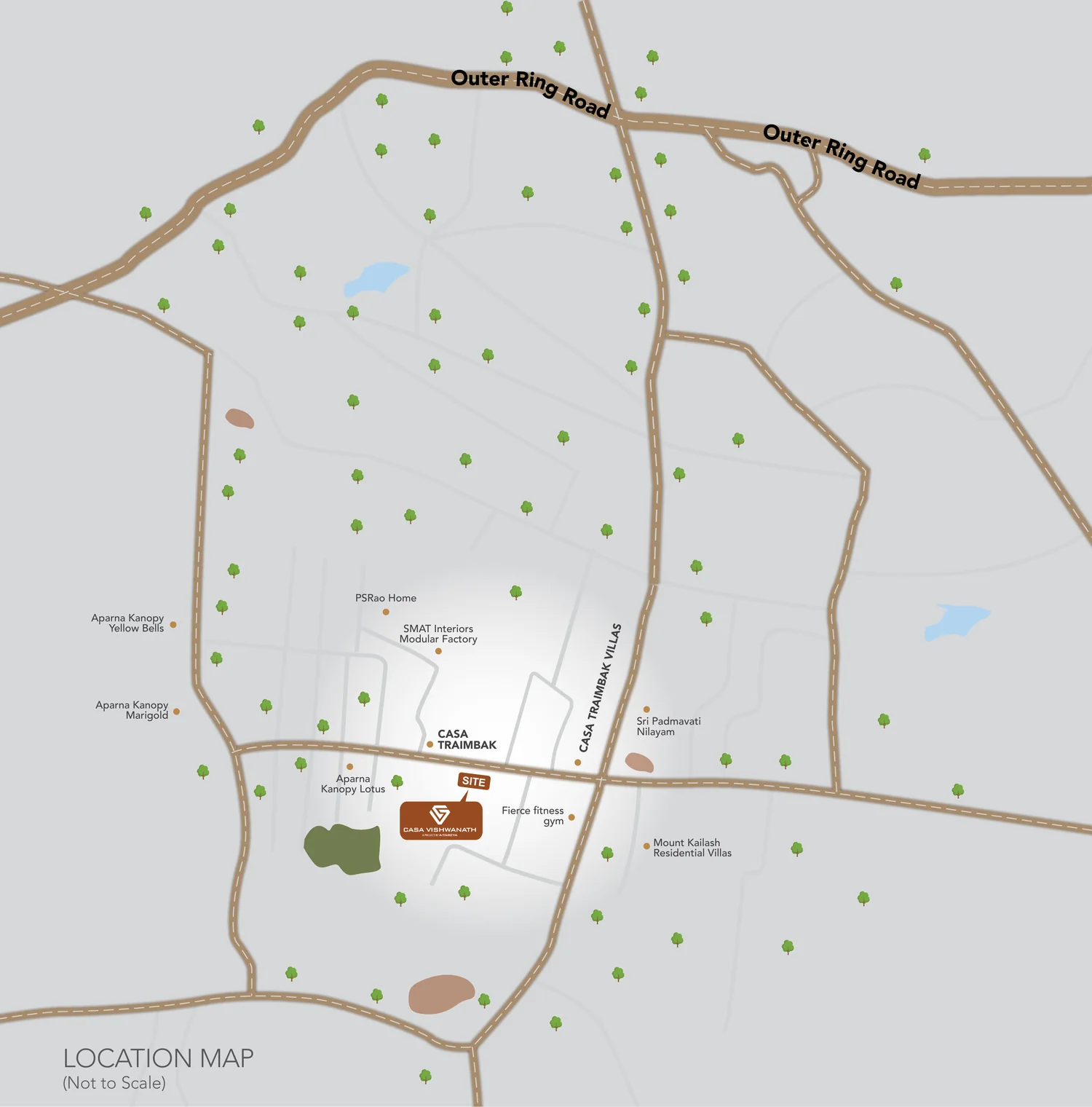 Location map: Casa Vishwanath at Gundlapochampally, Kompally, next to Casa Traimbak, with the Outer Ring Road to the north