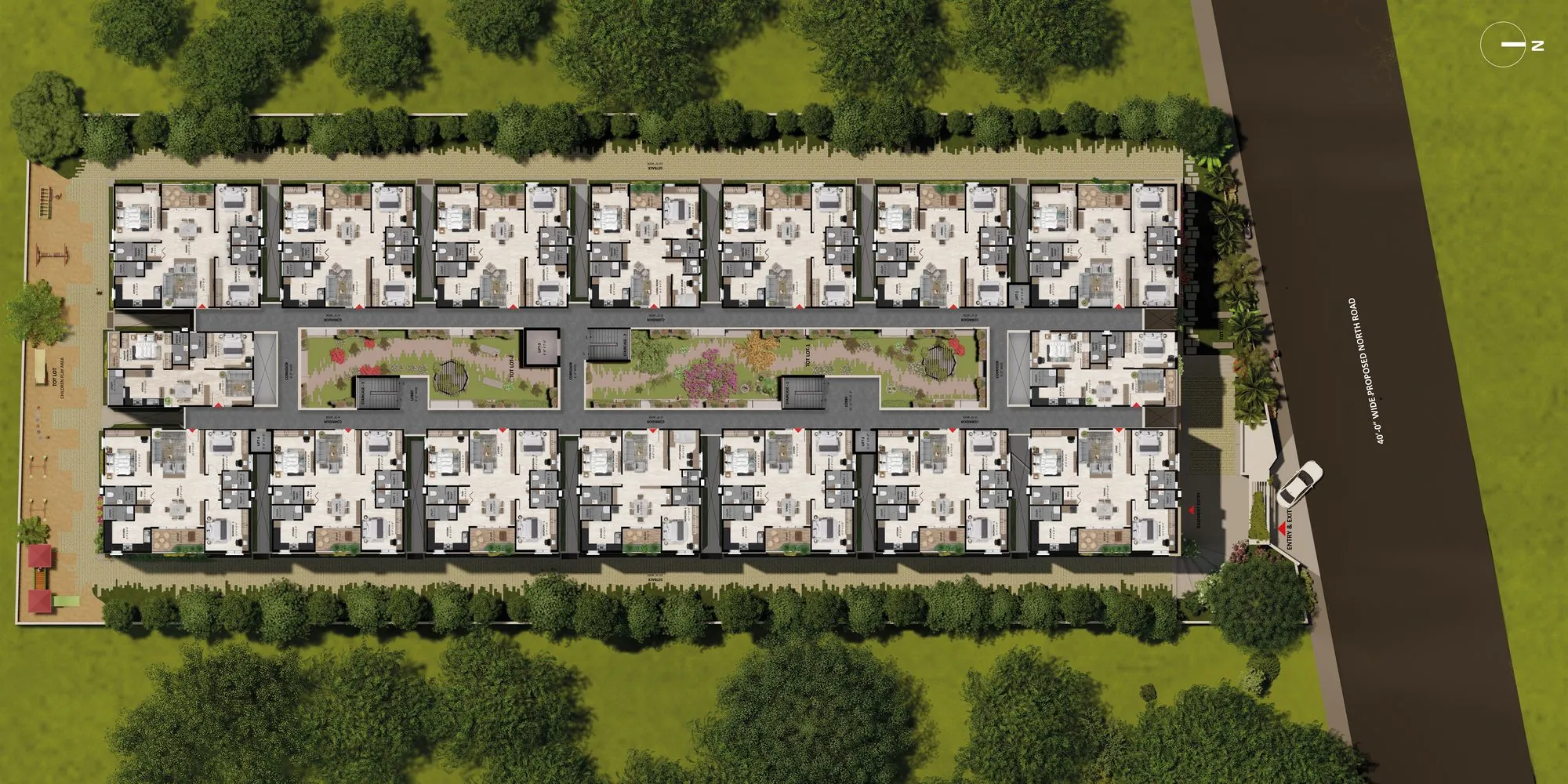 Typical floor plan of Casa Vishwanath: homes on both sides of a landscaped central courtyard, with walkways and greenery all around